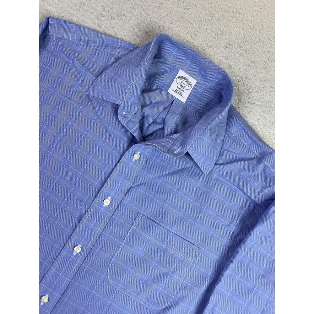 Brooks Brothers Shirt Mens 16 Blue Regent Non Iron Cotton Check Dress Long